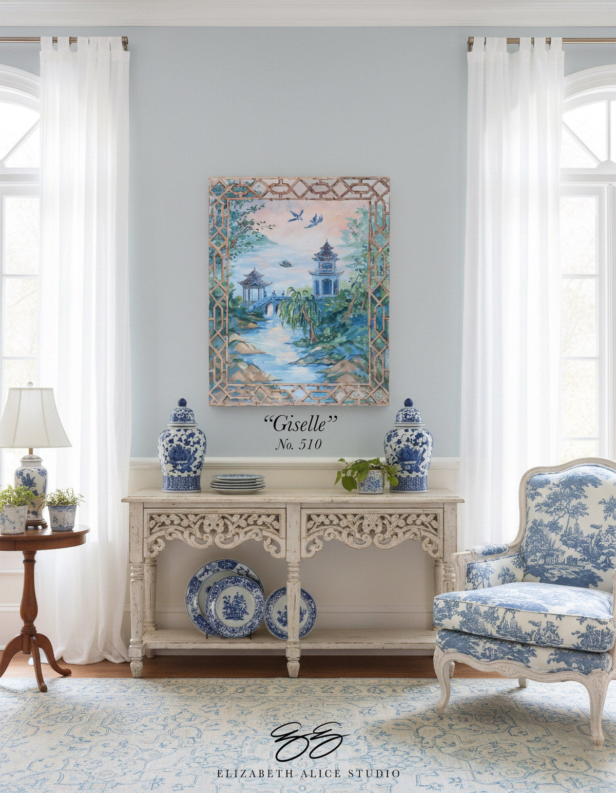 "Giselle," Original painting of Willow landscape with bamboo treillage frame (No. 510) - 24 x 30