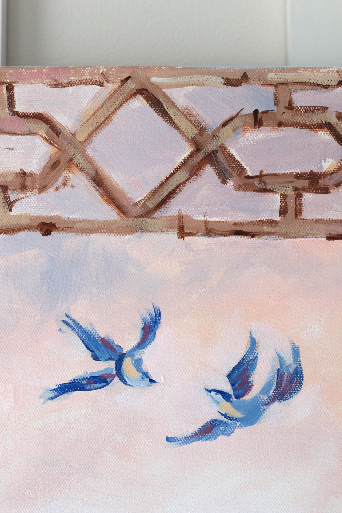 "Giselle," Original painting of Willow landscape with bamboo treillage frame (No. 510) - 24 x 30