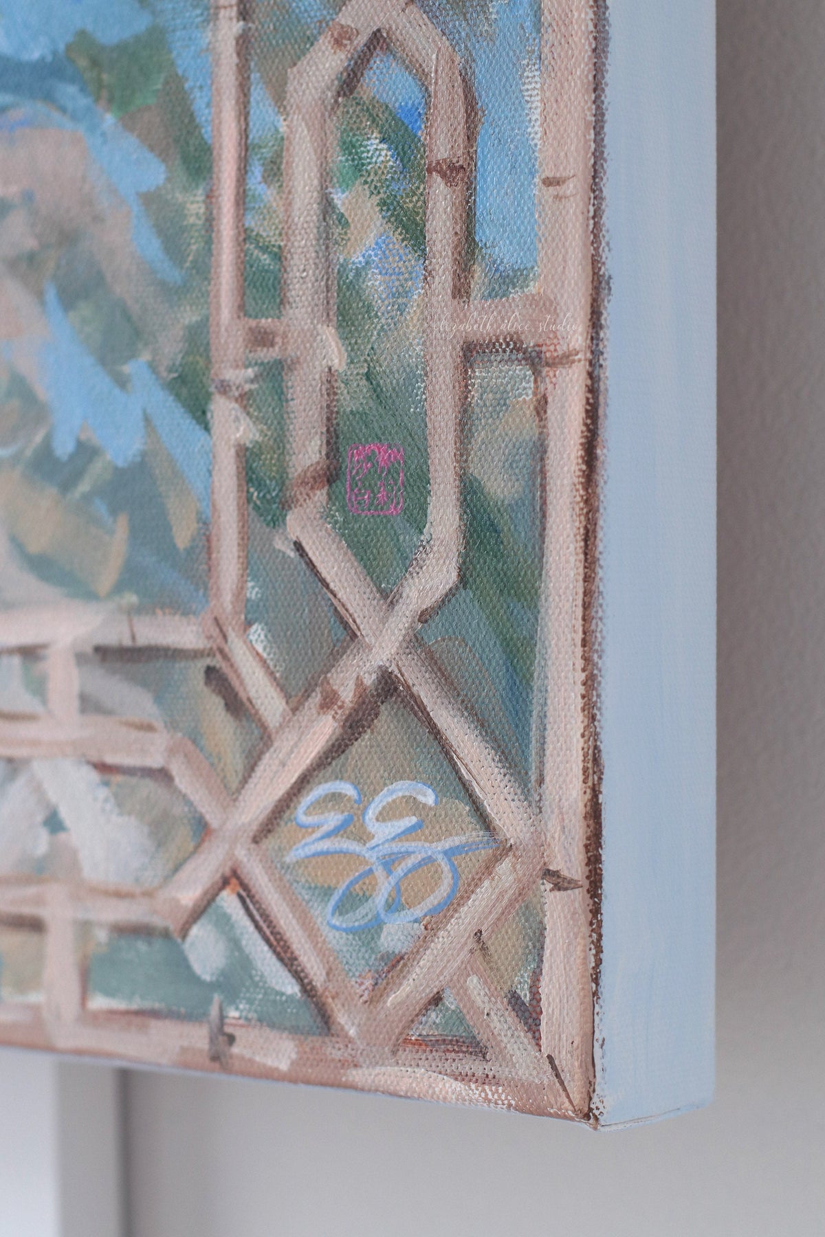 "Giselle," Original painting of Willow landscape with bamboo treillage frame (No. 510) - 24 x 30