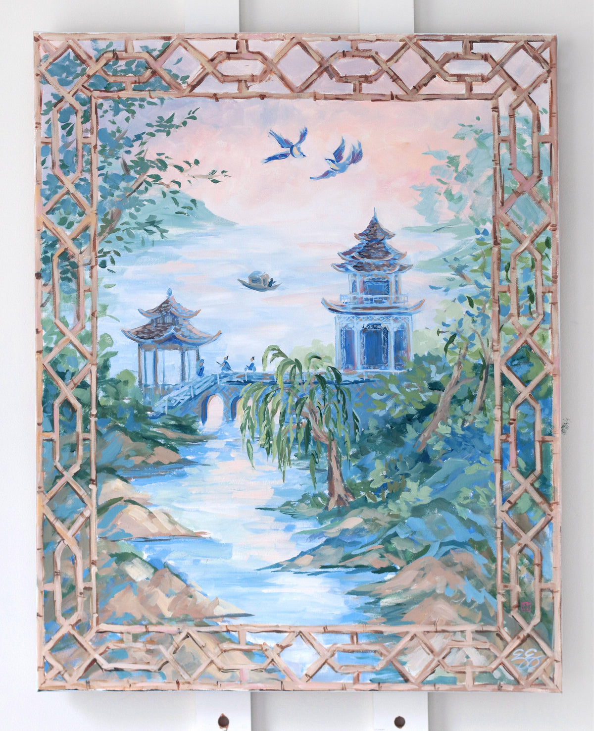 "Giselle," Original painting of Willow landscape with bamboo treillage frame (No. 510) - 24 x 30