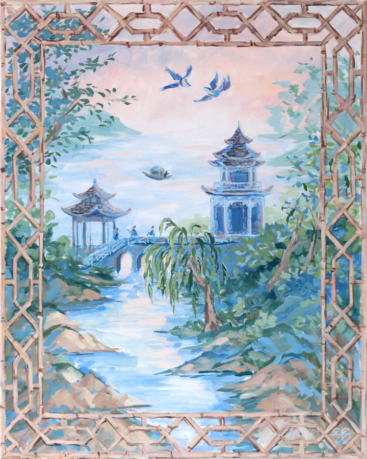"Giselle," Original painting of Willow landscape with bamboo treillage frame (No. 510) - 24 x 30