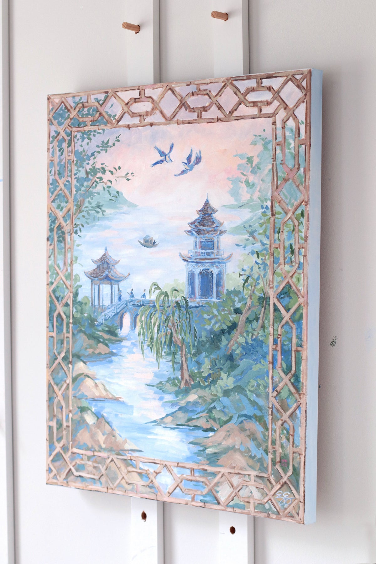 "Giselle," Original painting of Willow landscape with bamboo treillage frame (No. 510) - 24 x 30