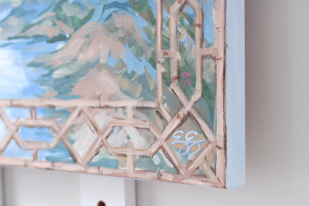"Giselle," Original painting of Willow landscape with bamboo treillage frame (No. 510) - 24 x 30