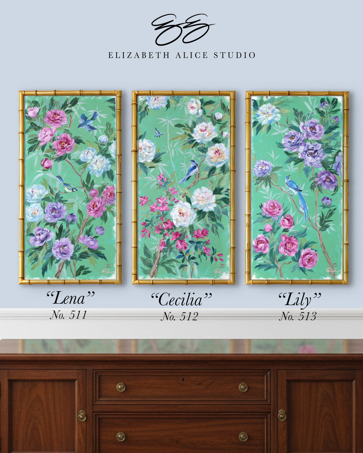 "Lena," Original green chinoiserie painting of birds and peonies (No. 511) - 12 x 24