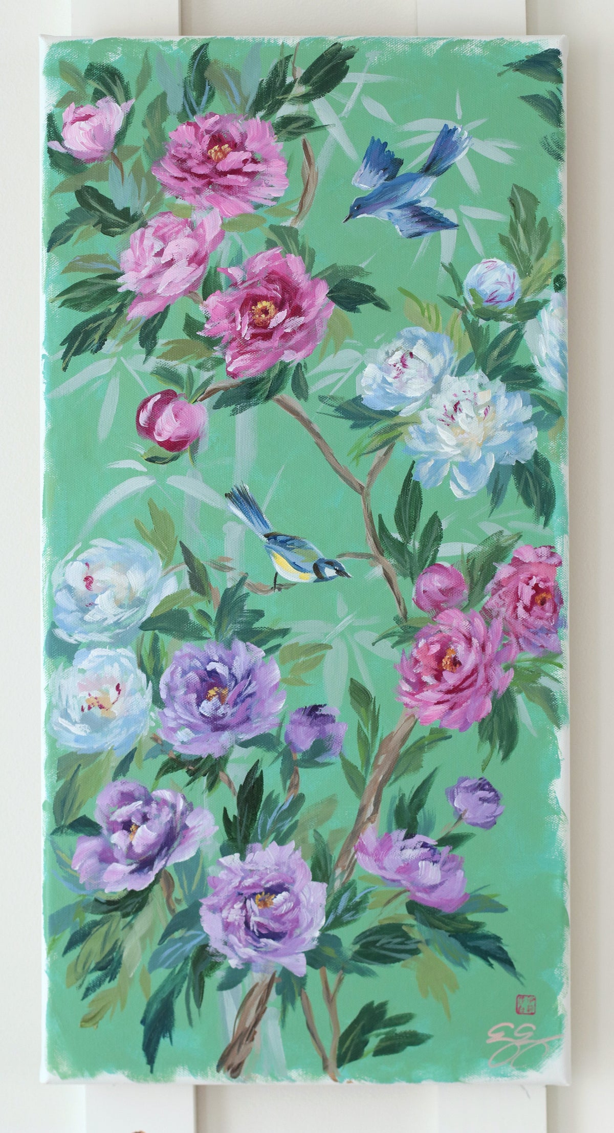 "Lena," Original green chinoiserie painting of birds and peonies (No. 511) - 12 x 24