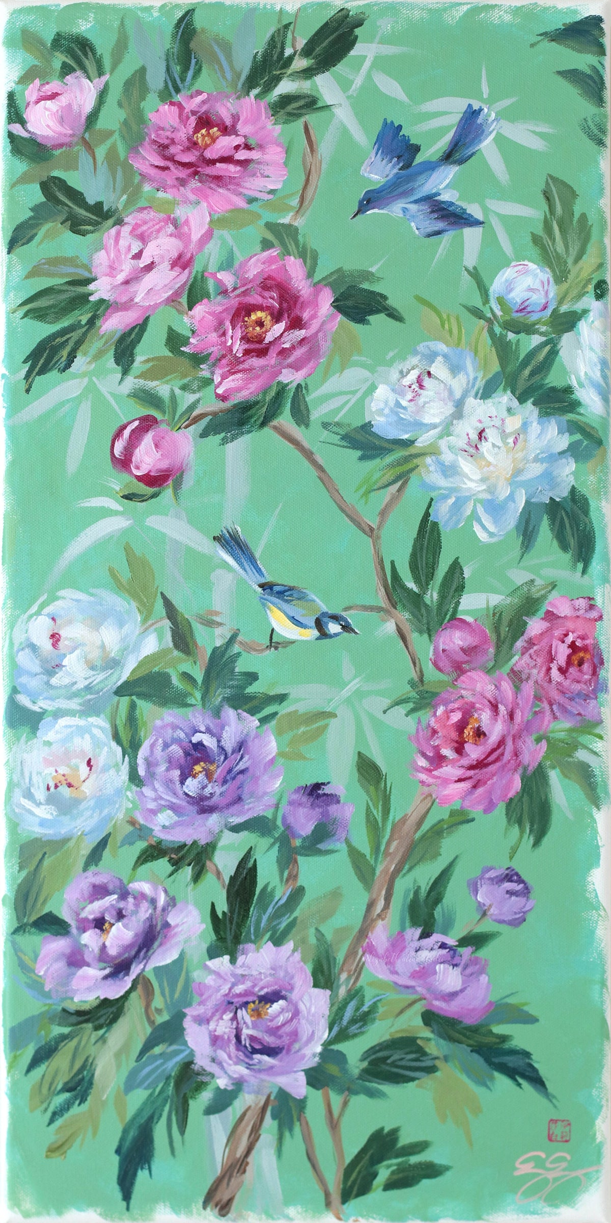 "Lena," Original green chinoiserie painting of birds and peonies (No. 511) - 12 x 24