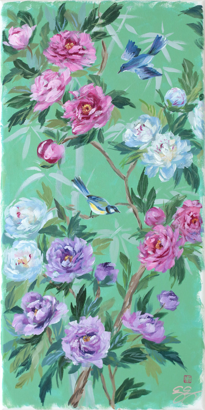 "Lena," Original green chinoiserie painting of birds and peonies (No. 511) - 12 x 24