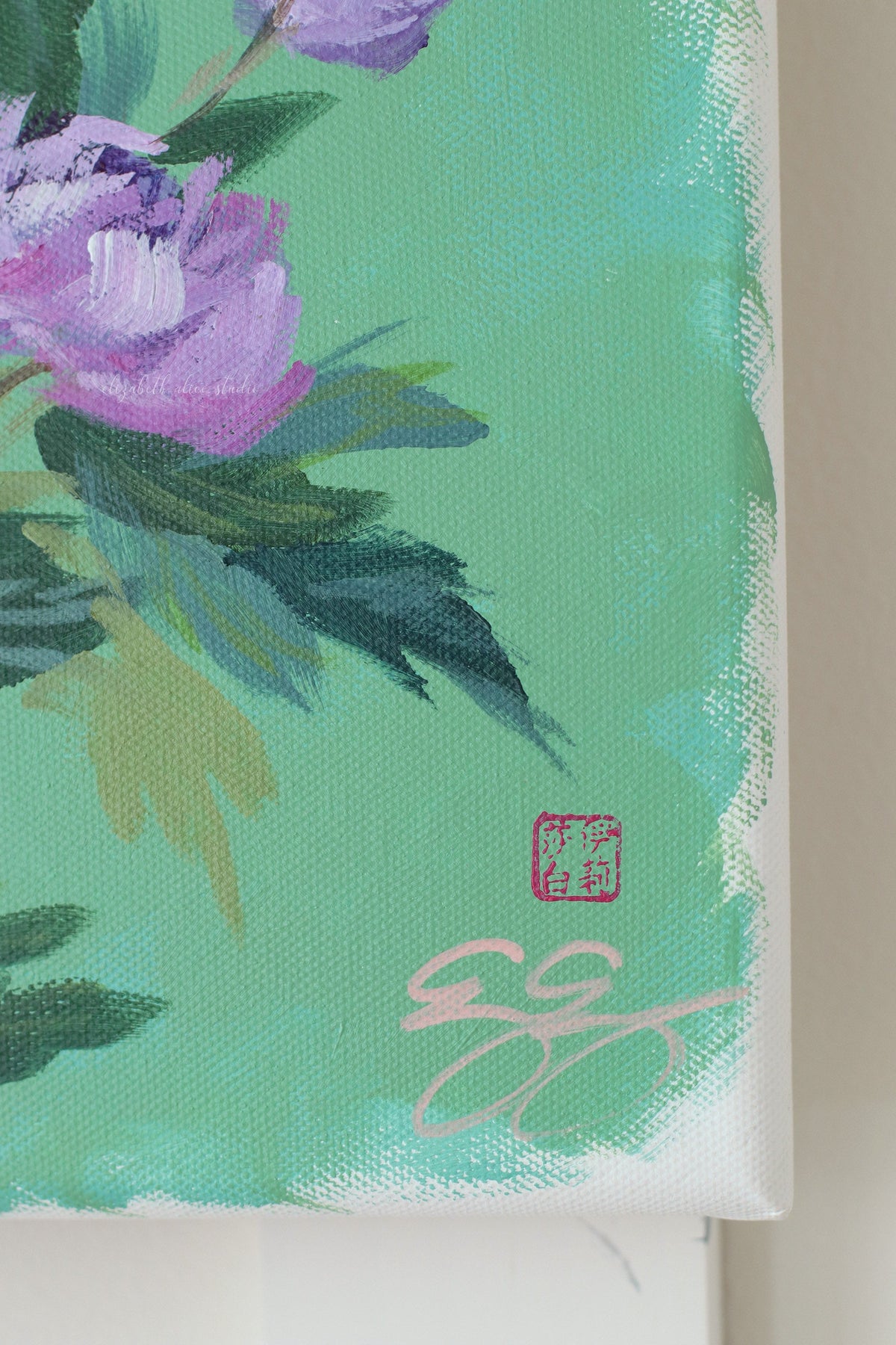 "Lena," Original green chinoiserie painting of birds and peonies (No. 511) - 12 x 24