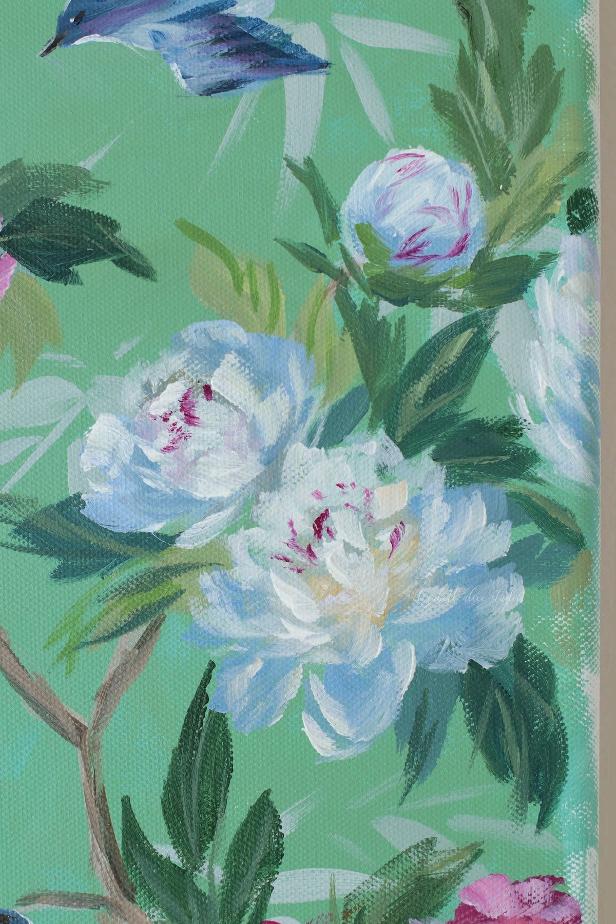"Lena," Original green chinoiserie painting of birds and peonies (No. 511) - 12 x 24