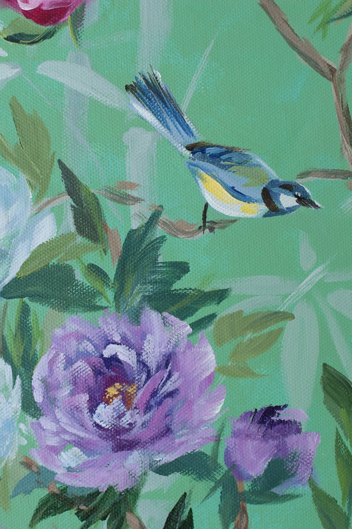 "Lena," Original green chinoiserie painting of birds and peonies (No. 511) - 12 x 24