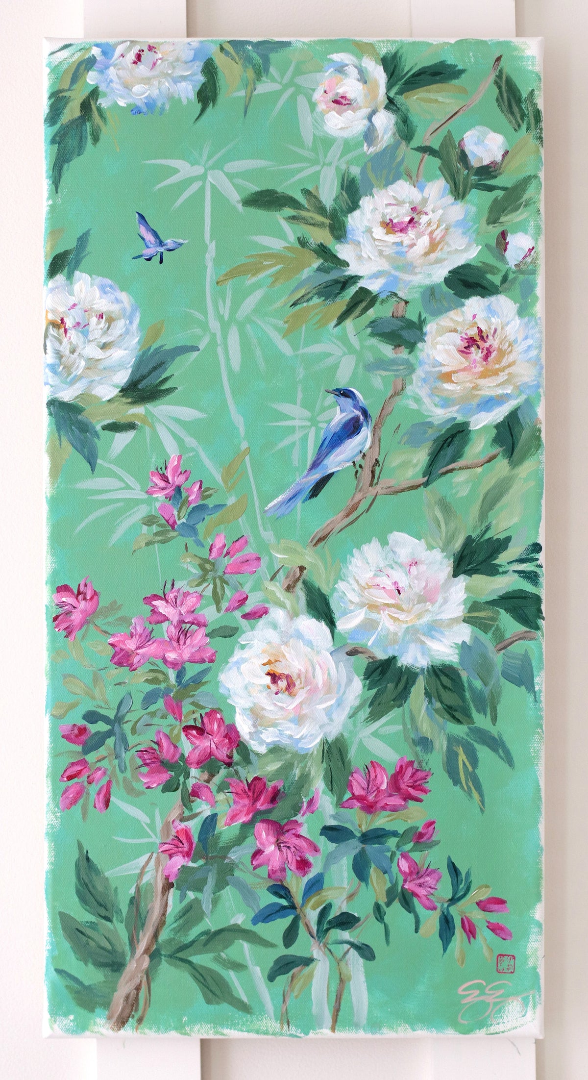 "Cecilia," Original green chinoiserie painting of peonies, azaleas, bird, and butterfly (No. 512) - 12 x 24