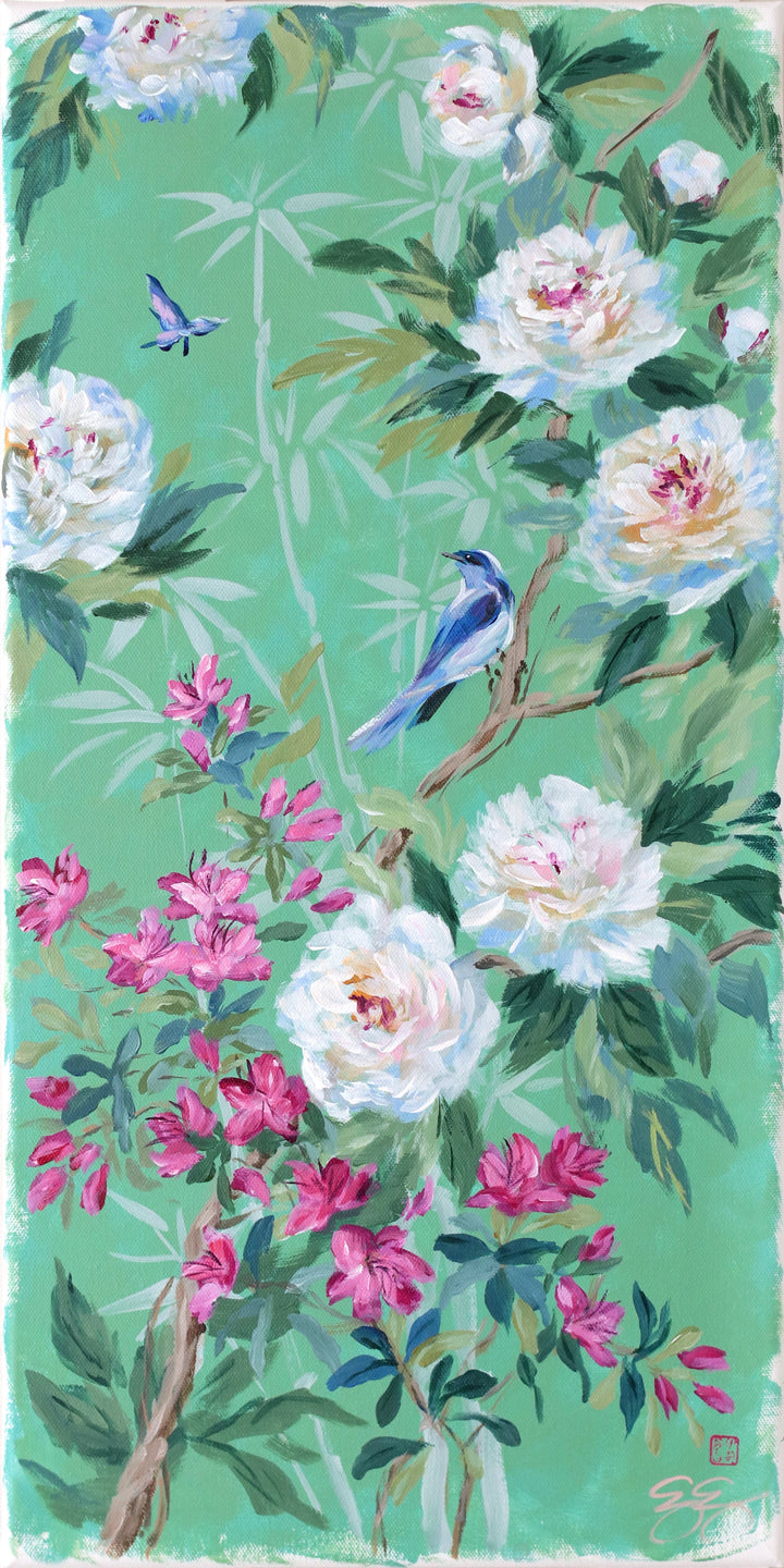 "Cecilia," Original green chinoiserie painting of peonies, azaleas, bird, and butterfly (No. 512) - 12 x 24