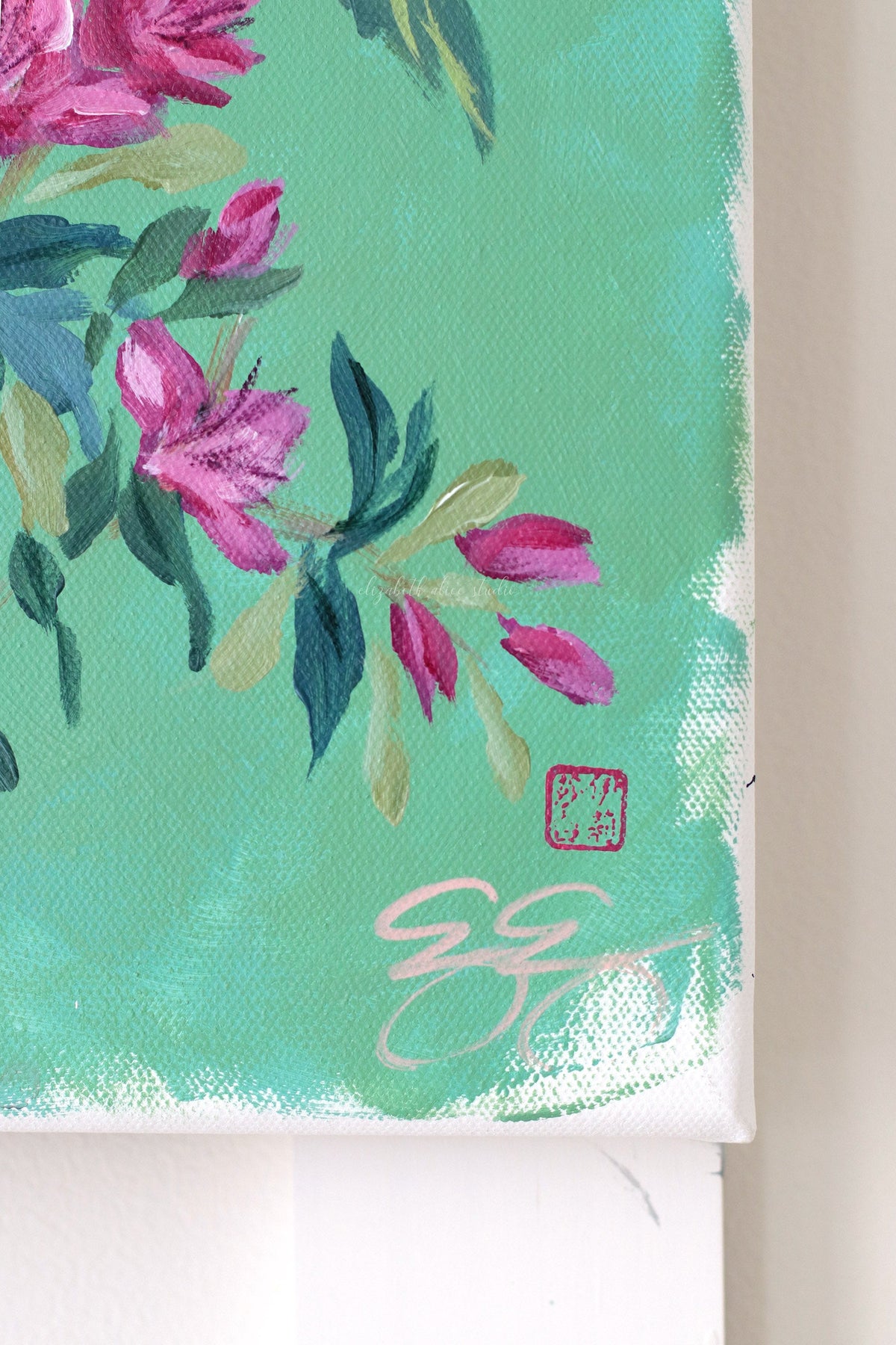"Cecilia," Original green chinoiserie painting of peonies, azaleas, bird, and butterfly (No. 512) - 12 x 24