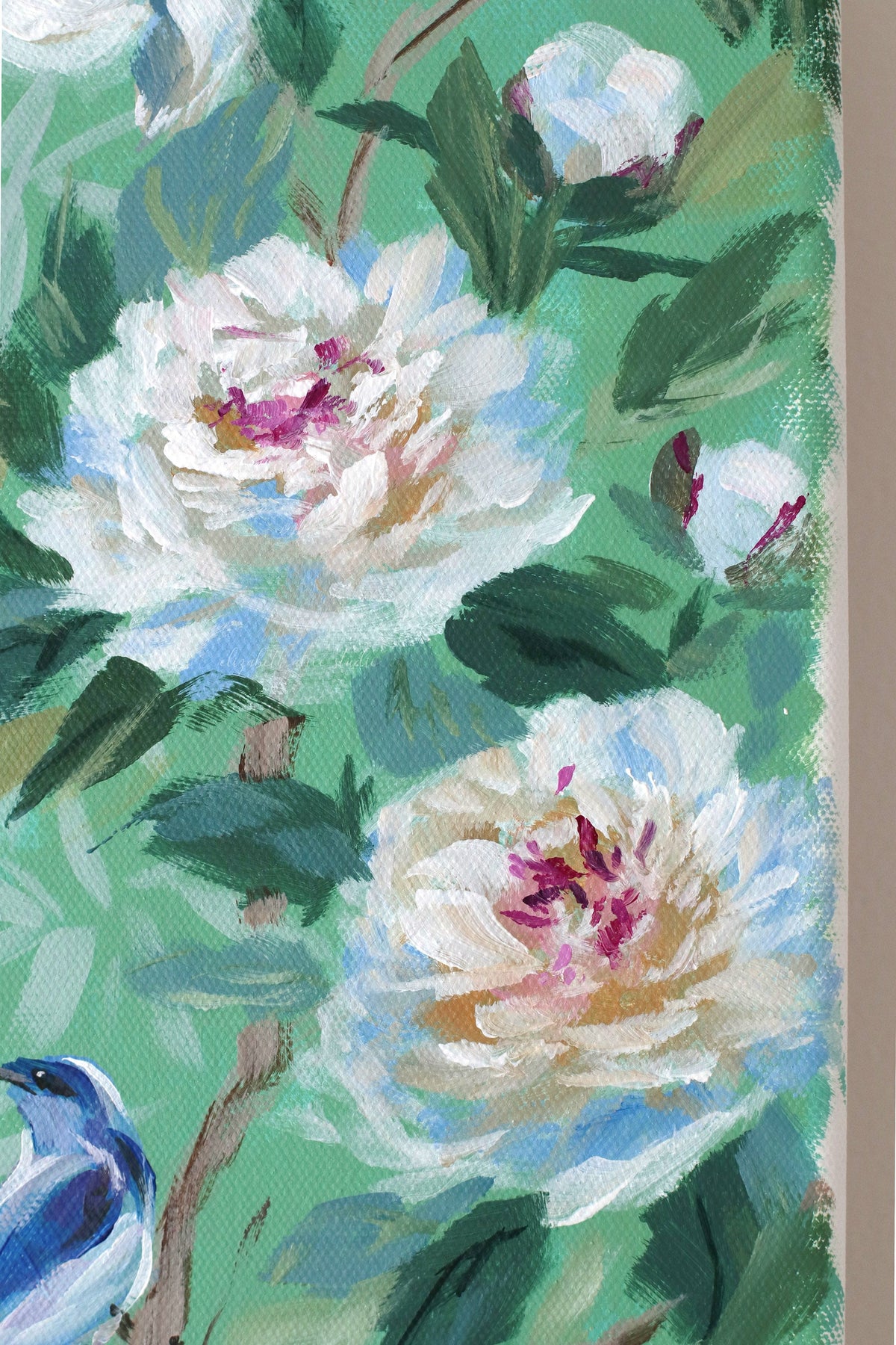 "Cecilia," Original green chinoiserie painting of peonies, azaleas, bird, and butterfly (No. 512) - 12 x 24
