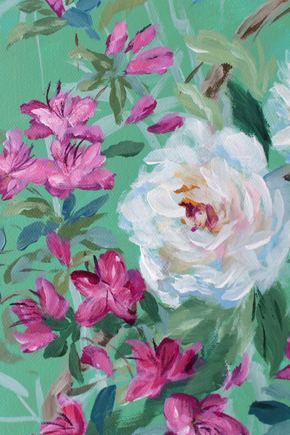 "Cecilia," Original green chinoiserie painting of peonies, azaleas, bird, and butterfly (No. 512) - 12 x 24