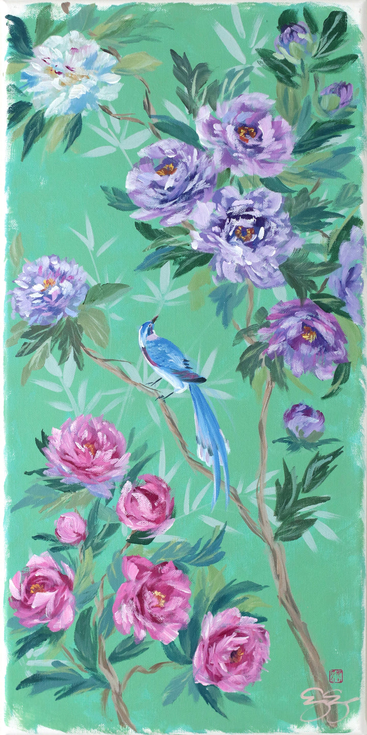 "Lily," Original green chinoiserie painting of peonies and blue bird (No. 513) - 12 x 24
