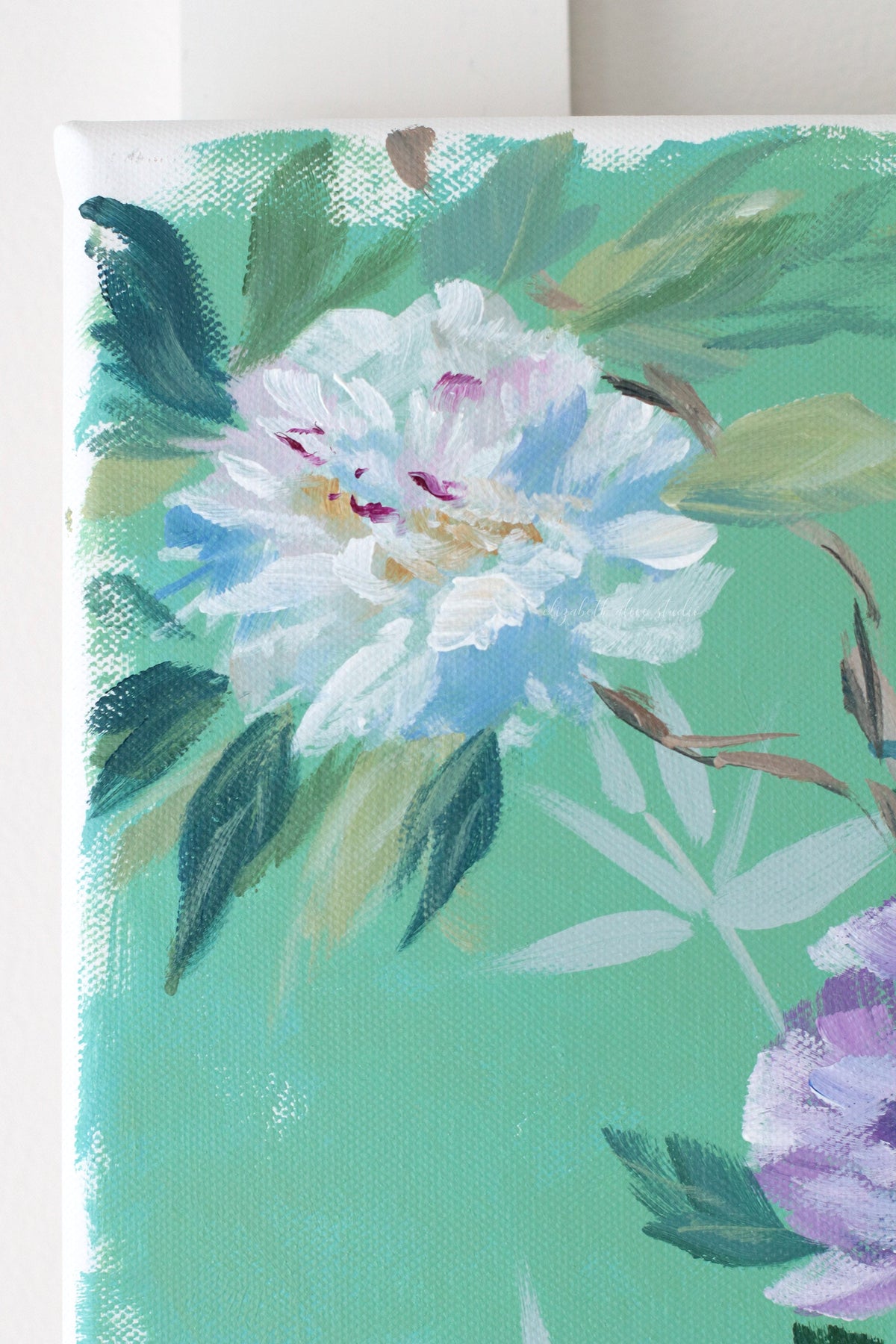 "Lily," Original green chinoiserie painting of peonies and blue bird (No. 513) - 12 x 24