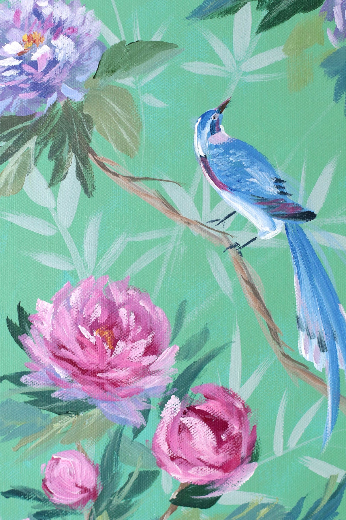 "Lily," Original green chinoiserie painting of peonies and blue bird (No. 513) - 12 x 24