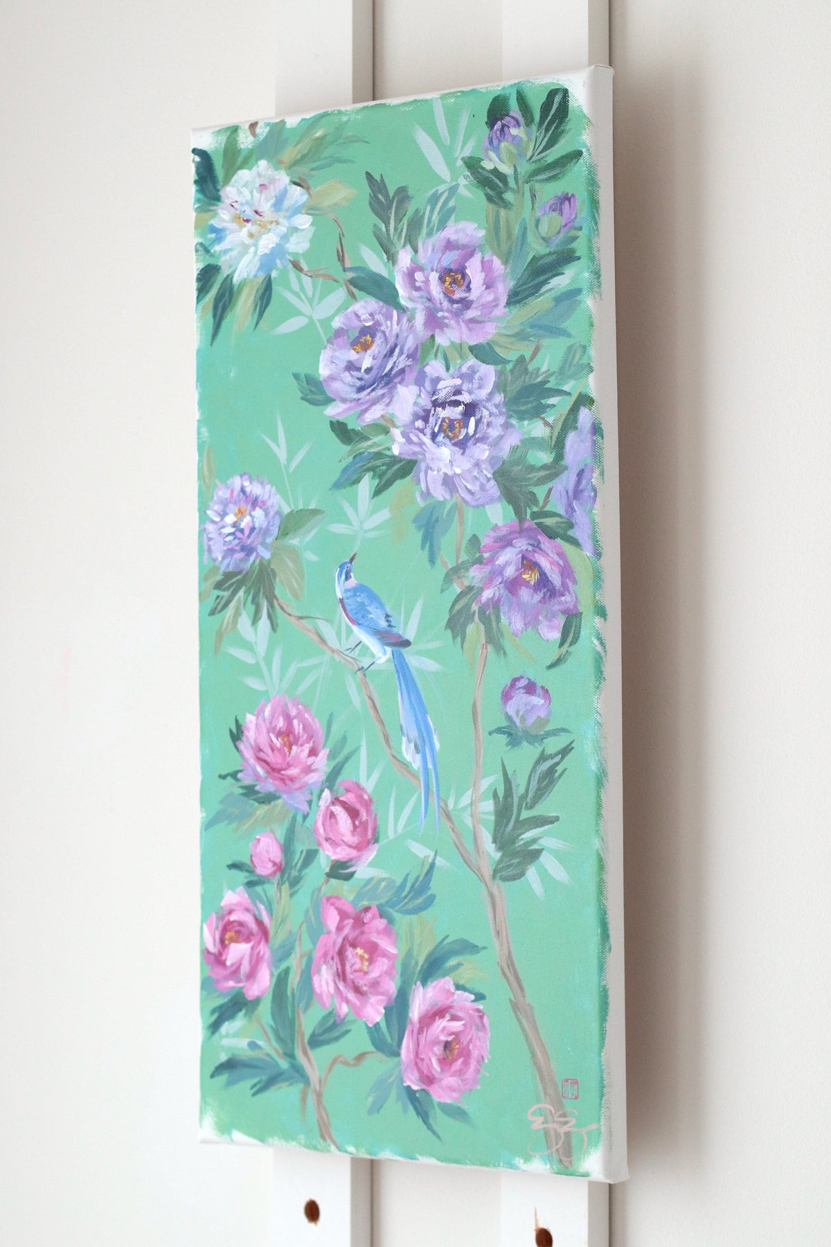 "Lily," Original green chinoiserie painting of peonies and blue bird (No. 513) - 12 x 24