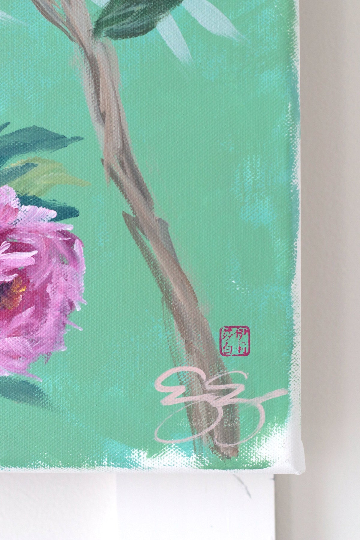 "Lily," Original green chinoiserie painting of peonies and blue bird (No. 513) - 12 x 24