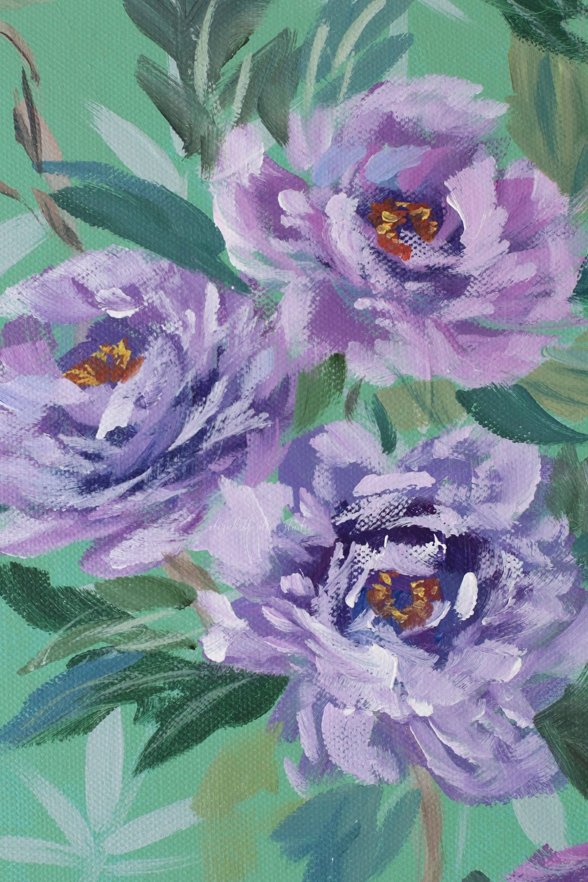 "Lily," Original green chinoiserie painting of peonies and blue bird (No. 513) - 12 x 24
