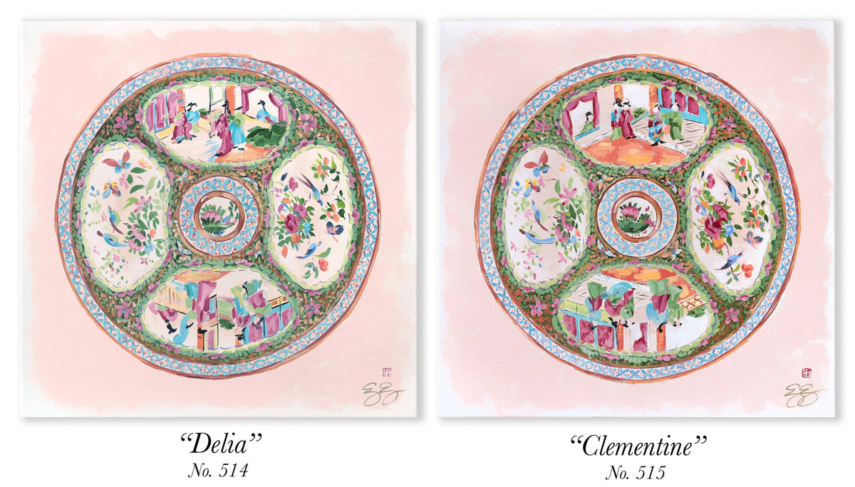 "Delia," Original painting of chinoiserie Rose Medallion plate (No. 514) - 20 x 20