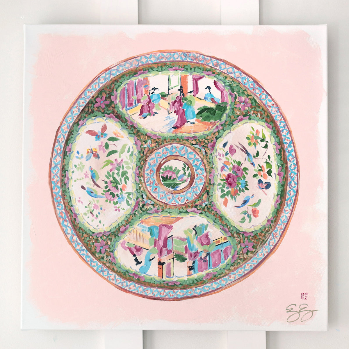 "Delia," Original painting of chinoiserie Rose Medallion plate (No. 514) - 20 x 20