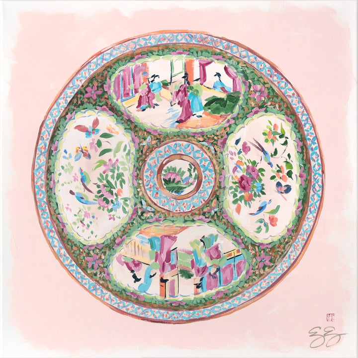 "Delia," Original painting of chinoiserie Rose Medallion plate (No. 514) - 20 x 20