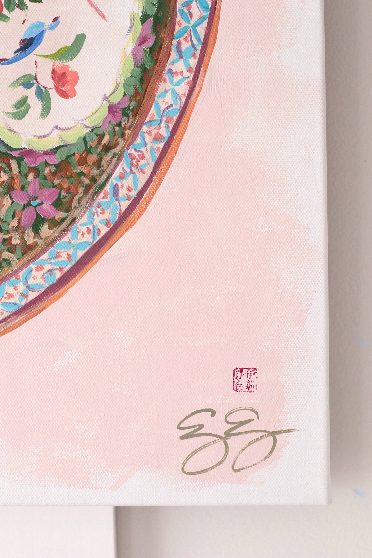 "Delia," Original painting of chinoiserie Rose Medallion plate (No. 514) - 20 x 20