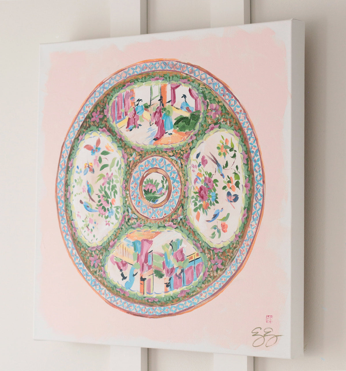 "Delia," Original painting of chinoiserie Rose Medallion plate (No. 514) - 20 x 20
