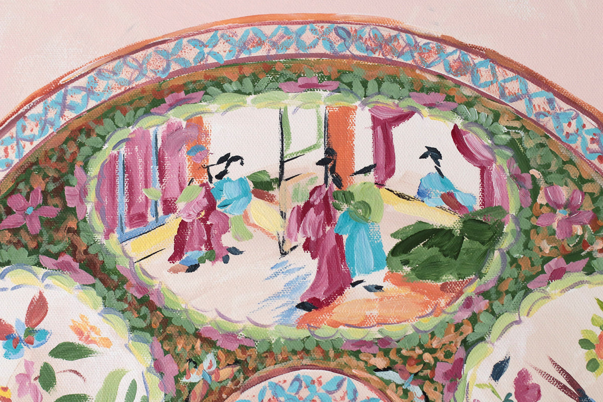 "Delia," Original painting of chinoiserie Rose Medallion plate (No. 514) - 20 x 20