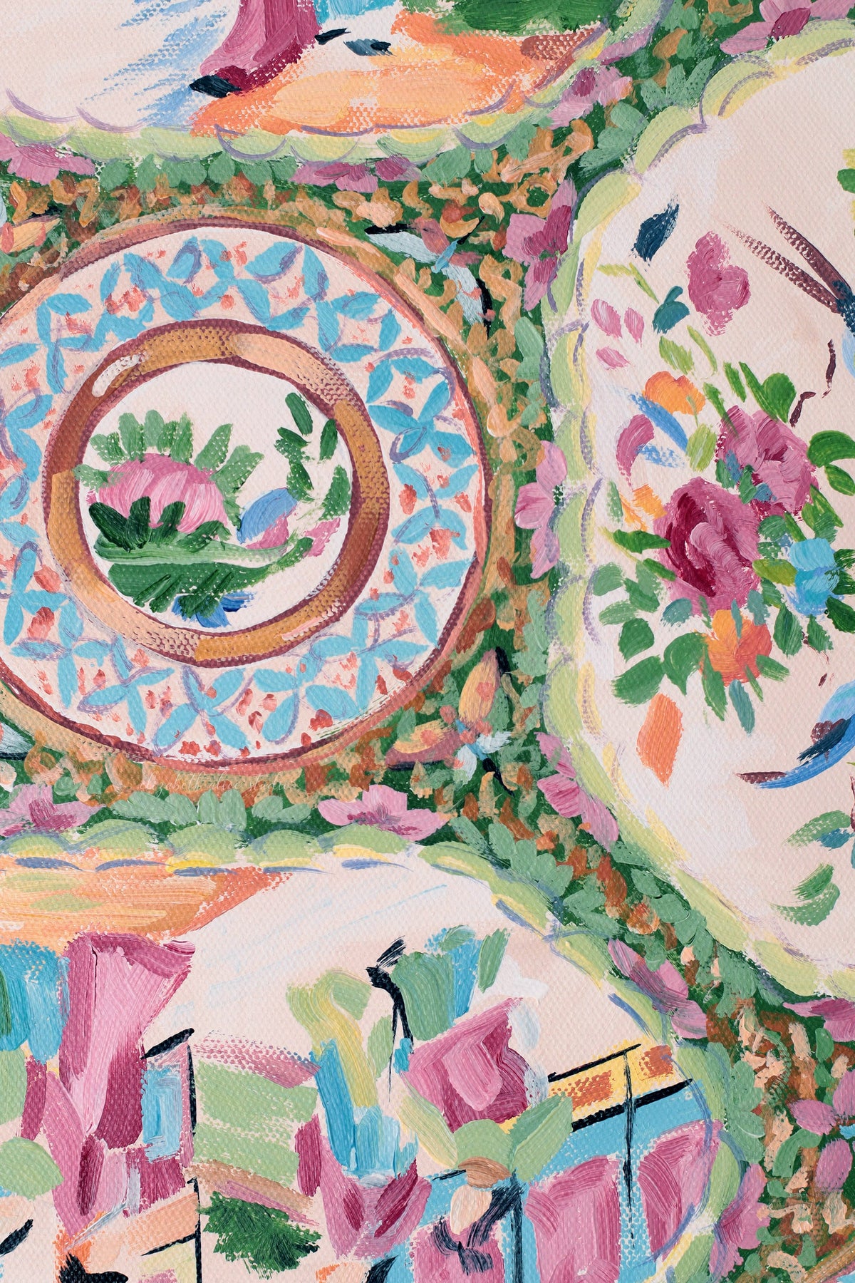 "Delia," Original painting of chinoiserie Rose Medallion plate (No. 514) - 20 x 20