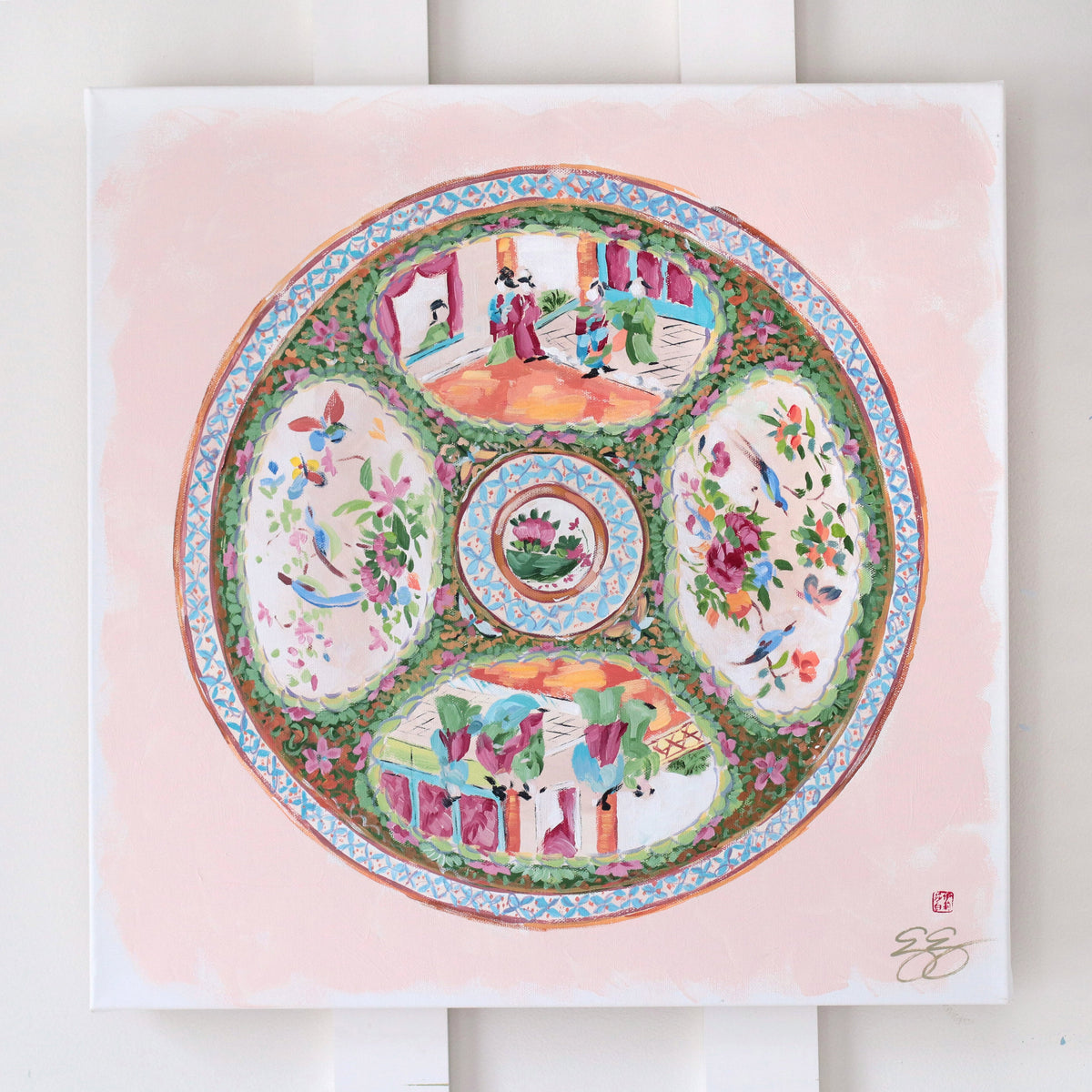 "Clementine," Original painting of chinoiserie Rose Medallion plate (No. 515) - 20 x 20