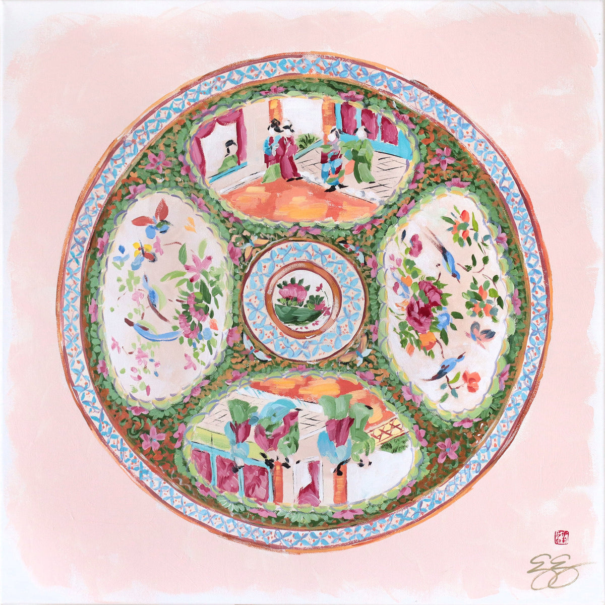 "Clementine," Original painting of chinoiserie Rose Medallion plate (No. 515) - 20 x 20