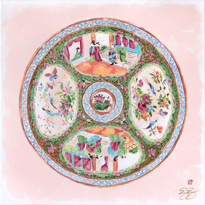 "Clementine," Original painting of chinoiserie Rose Medallion plate (No. 515) - 20 x 20