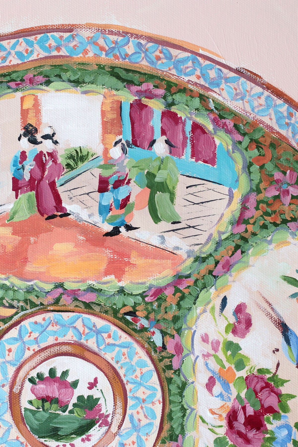 "Clementine," Original painting of chinoiserie Rose Medallion plate (No. 515) - 20 x 20
