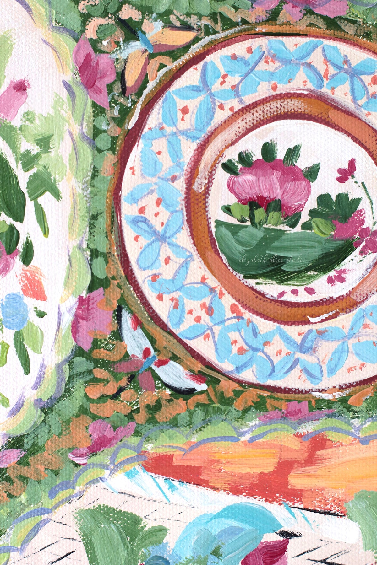 "Clementine," Original painting of chinoiserie Rose Medallion plate (No. 515) - 20 x 20