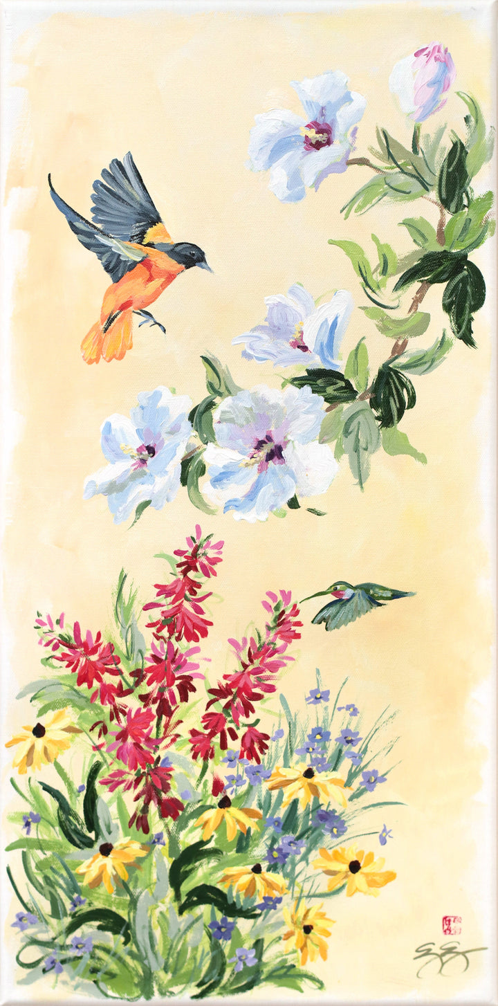 "Agnes," Original chinoiserie painting of Maryland birds and flowers (No. 516) - 12 x 24