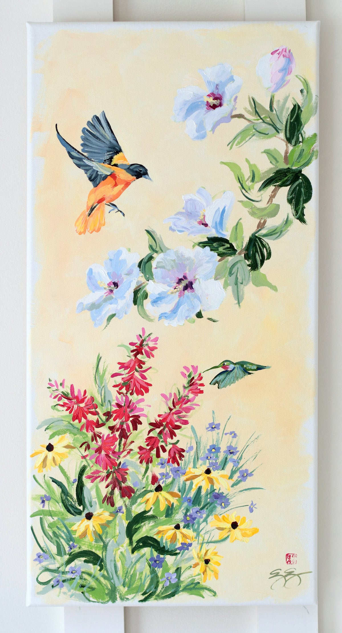 "Agnes," Original chinoiserie painting of Maryland birds and flowers (No. 516) - 12 x 24