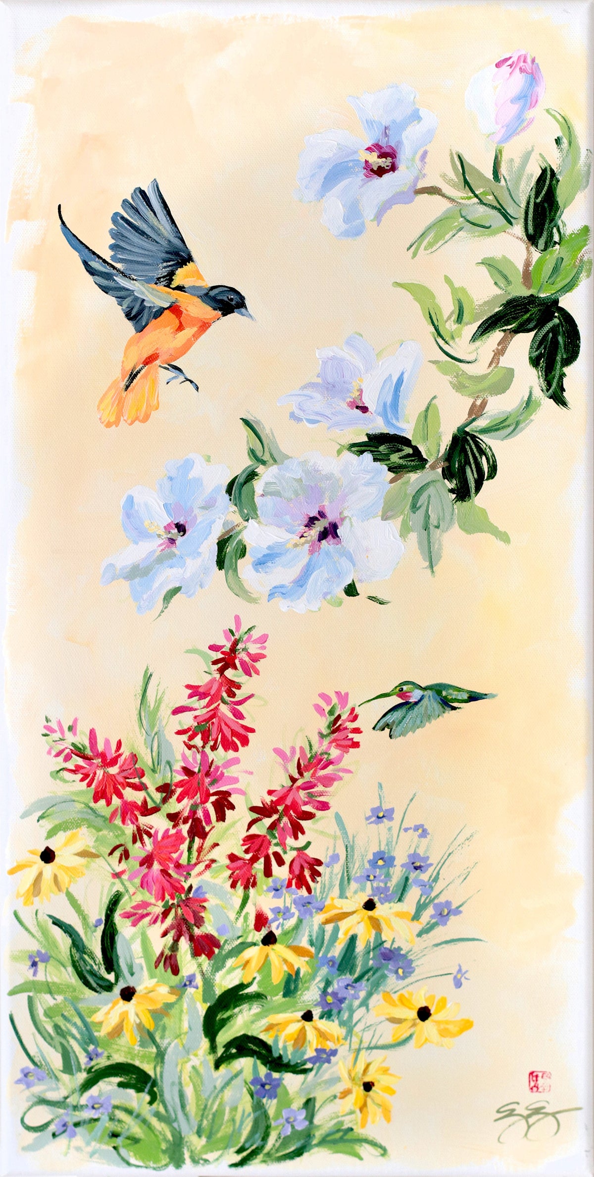 "Agnes," Original chinoiserie painting of Maryland birds and flowers (No. 516) - 12 x 24