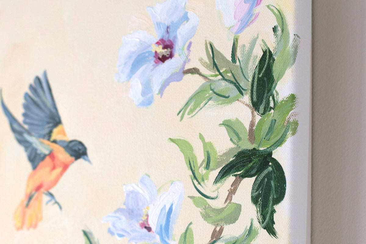 "Agnes," Original chinoiserie painting of Maryland birds and flowers (No. 516) - 12 x 24