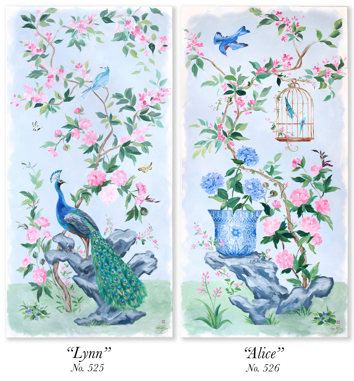 "Alice," Original blue and pink chinoiserie painting with bird cage and hydrangea (No. 526) - 24 x 48