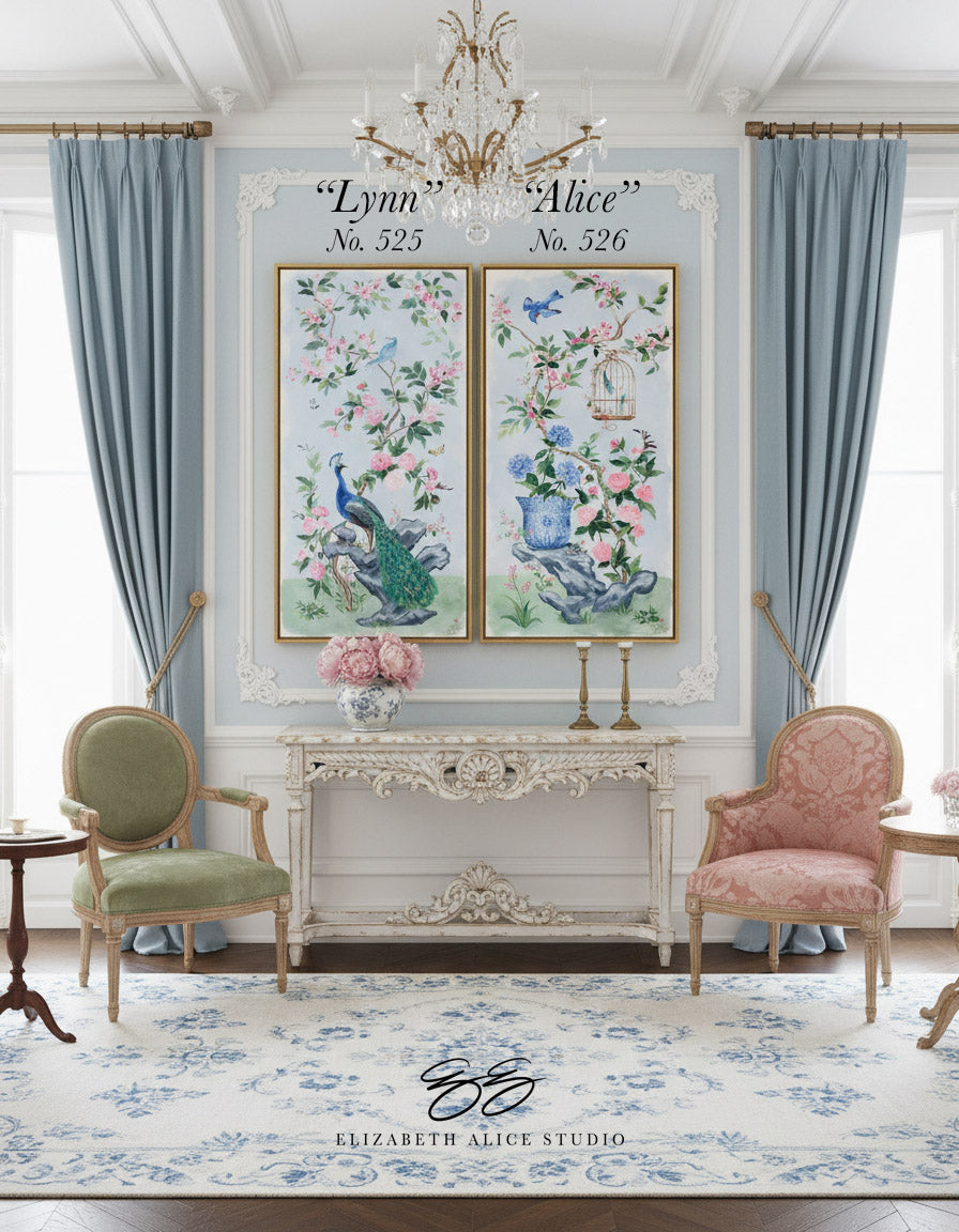 "Alice," Original blue and pink chinoiserie painting with bird cage and hydrangea (No. 526) - 24 x 48