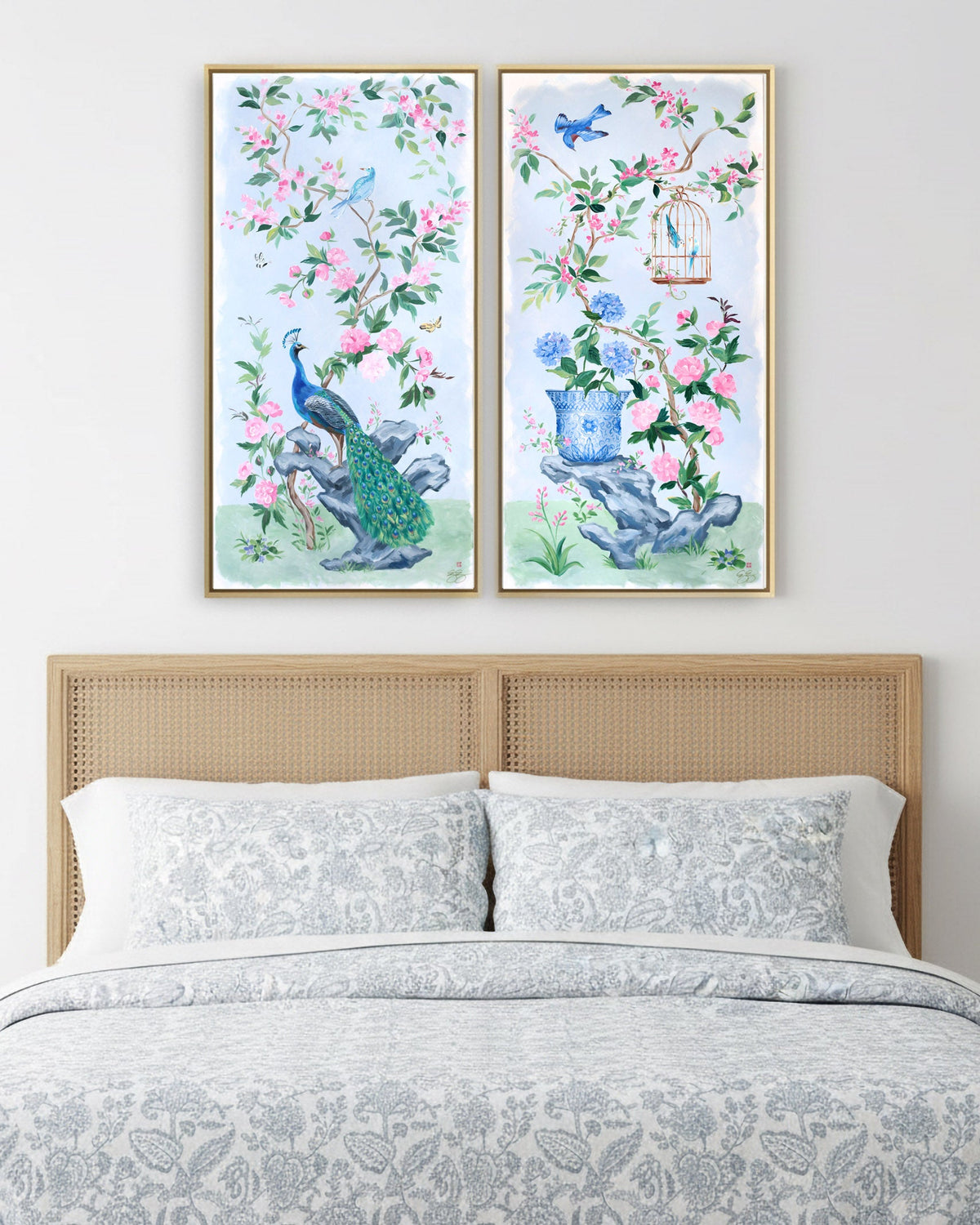"Lynn," Original blue and pink chinoiserie painting with peacock (No. 525) - 24 x 48