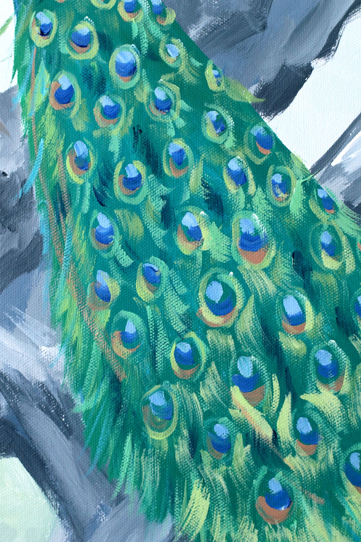 "Lynn," Original blue and pink chinoiserie painting with peacock (No. 525) - 24 x 48
