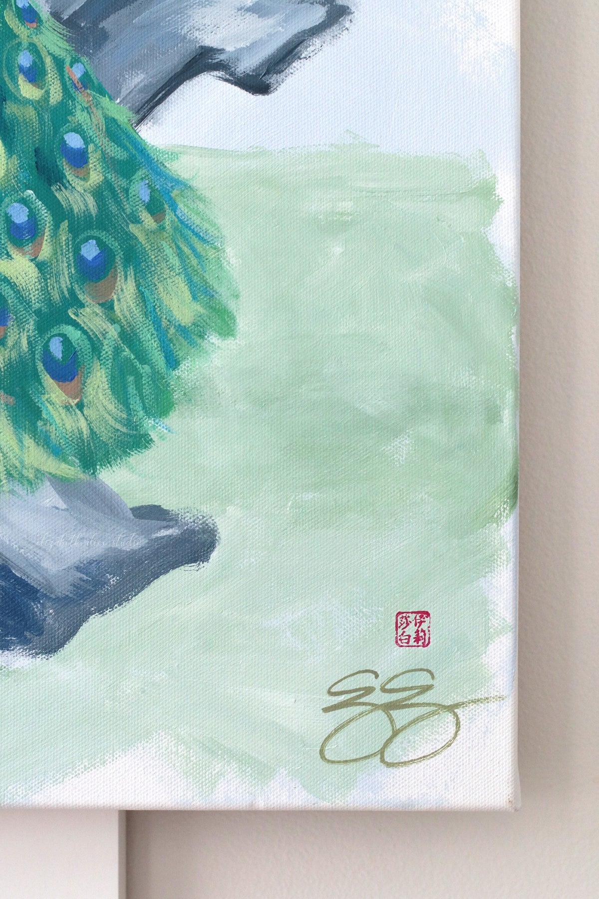 "Lynn," Original blue and pink chinoiserie painting with peacock (No. 525) - 24 x 48