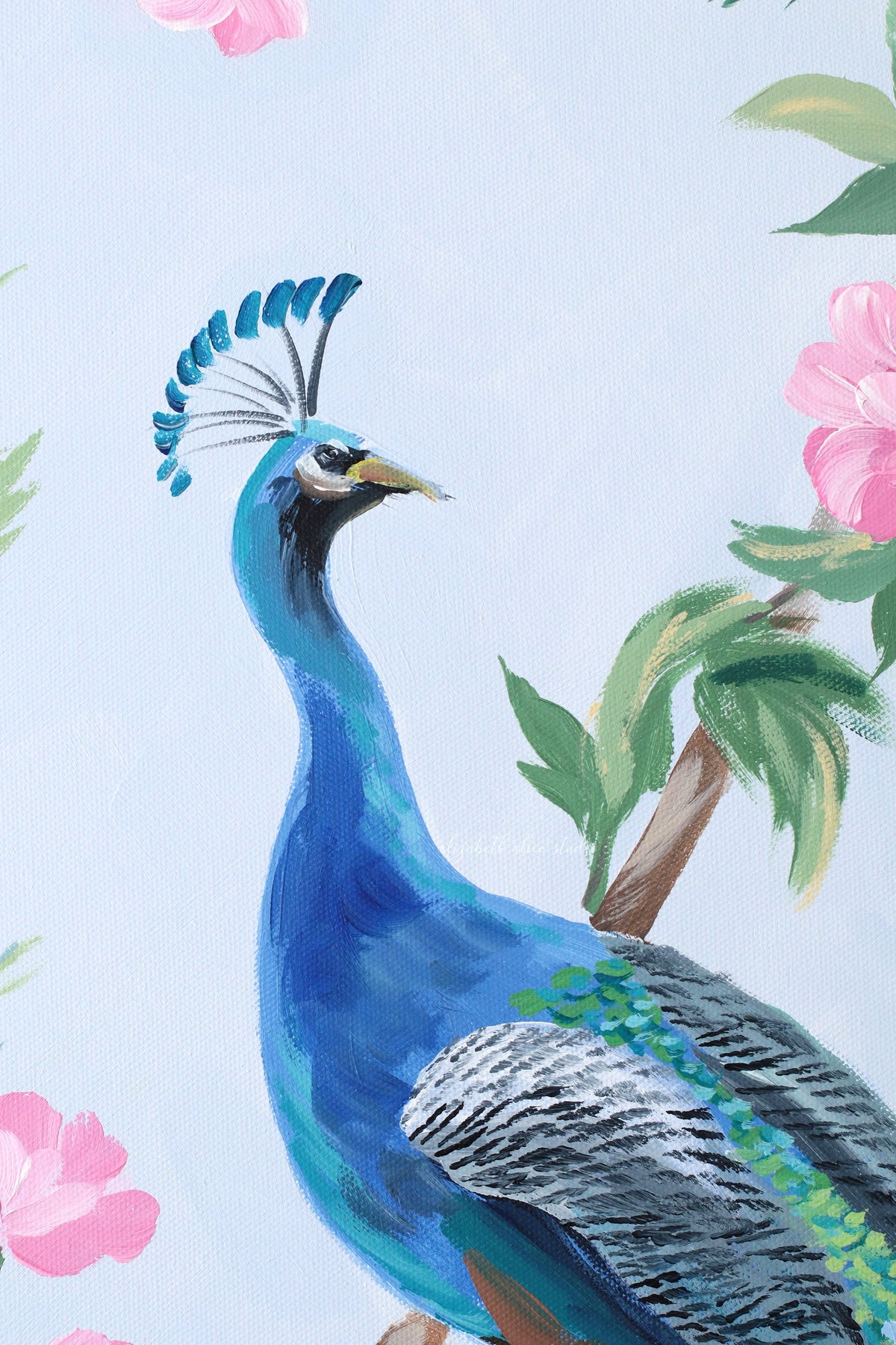 "Lynn," Original blue and pink chinoiserie painting with peacock (No. 525) - 24 x 48