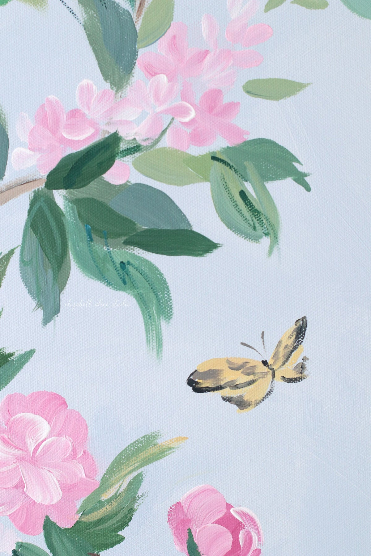 "Lynn," Original blue and pink chinoiserie painting with peacock (No. 525) - 24 x 48