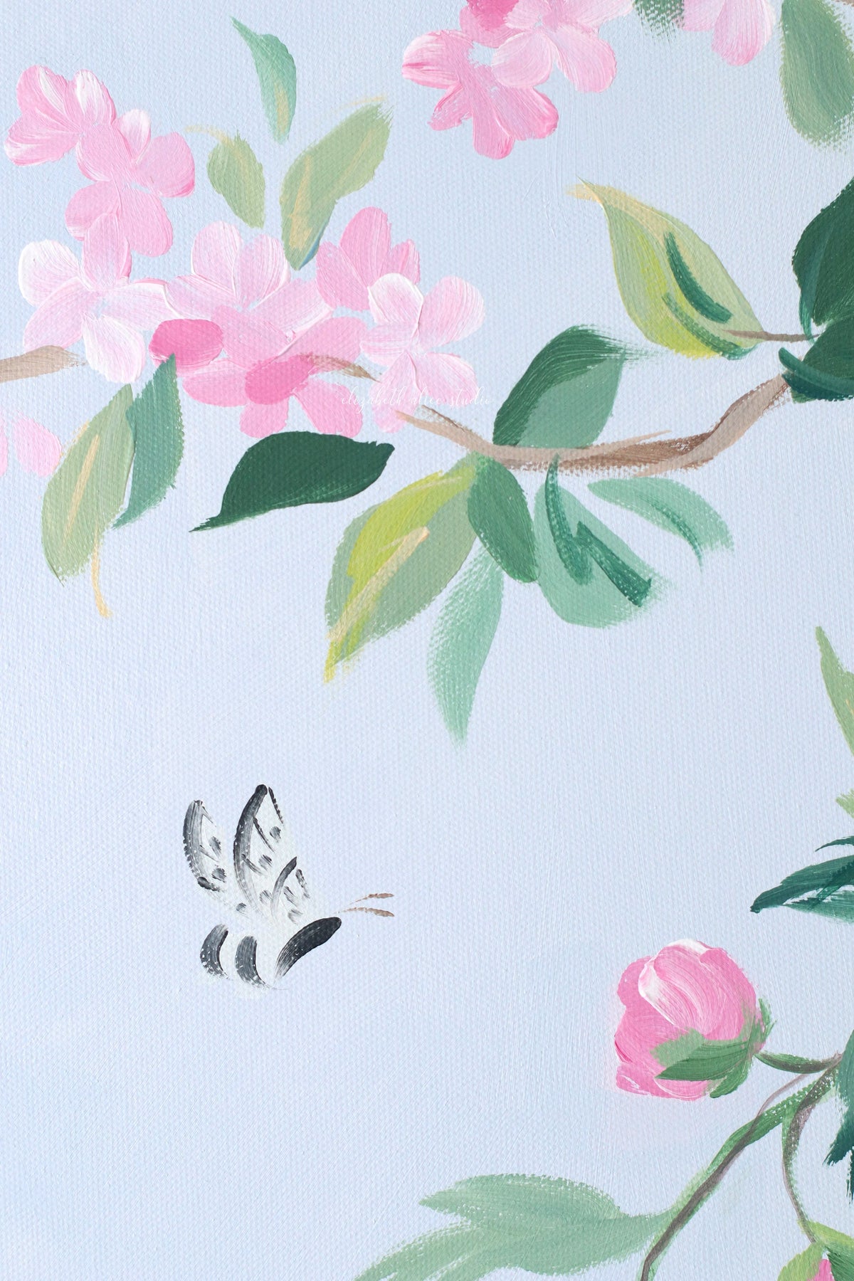 "Lynn," Original blue and pink chinoiserie painting with peacock (No. 525) - 24 x 48