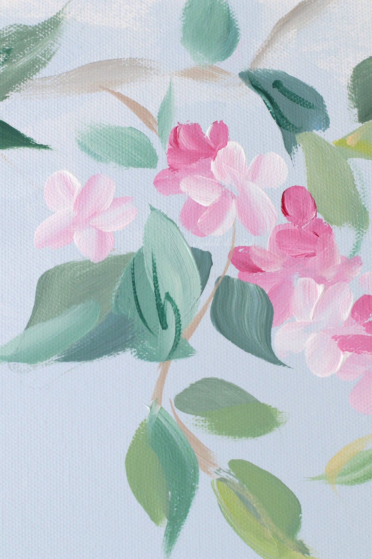 "Lynn," Original blue and pink chinoiserie painting with peacock (No. 525) - 24 x 48